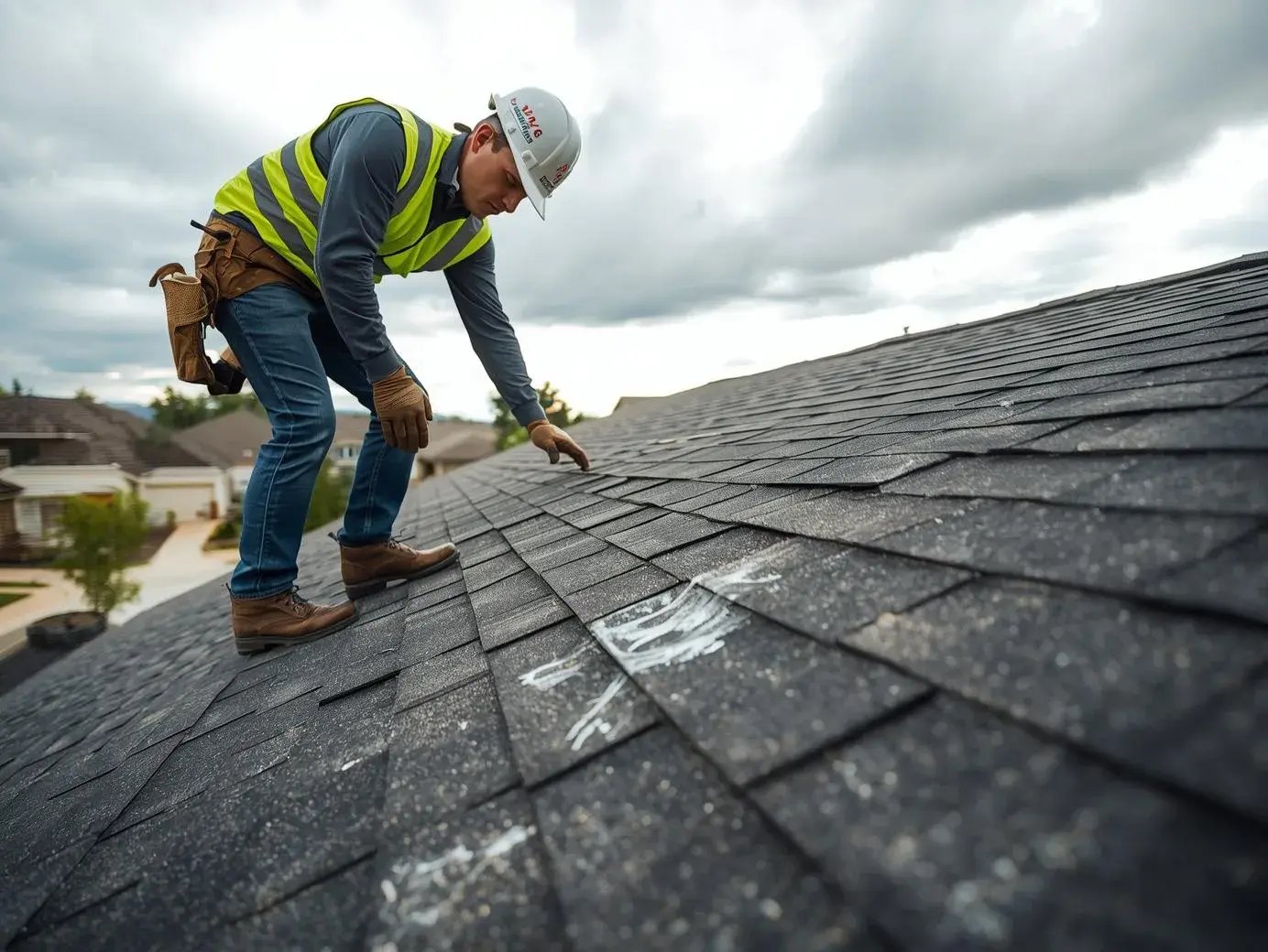 A realistic, high-quality photograph of a professional roofing inspector standing on a residential roof in Colorado after a hailstorm, inspecting asphalt shingles for hail damage. The inspector is wearing safety gear and a branded hard  (1