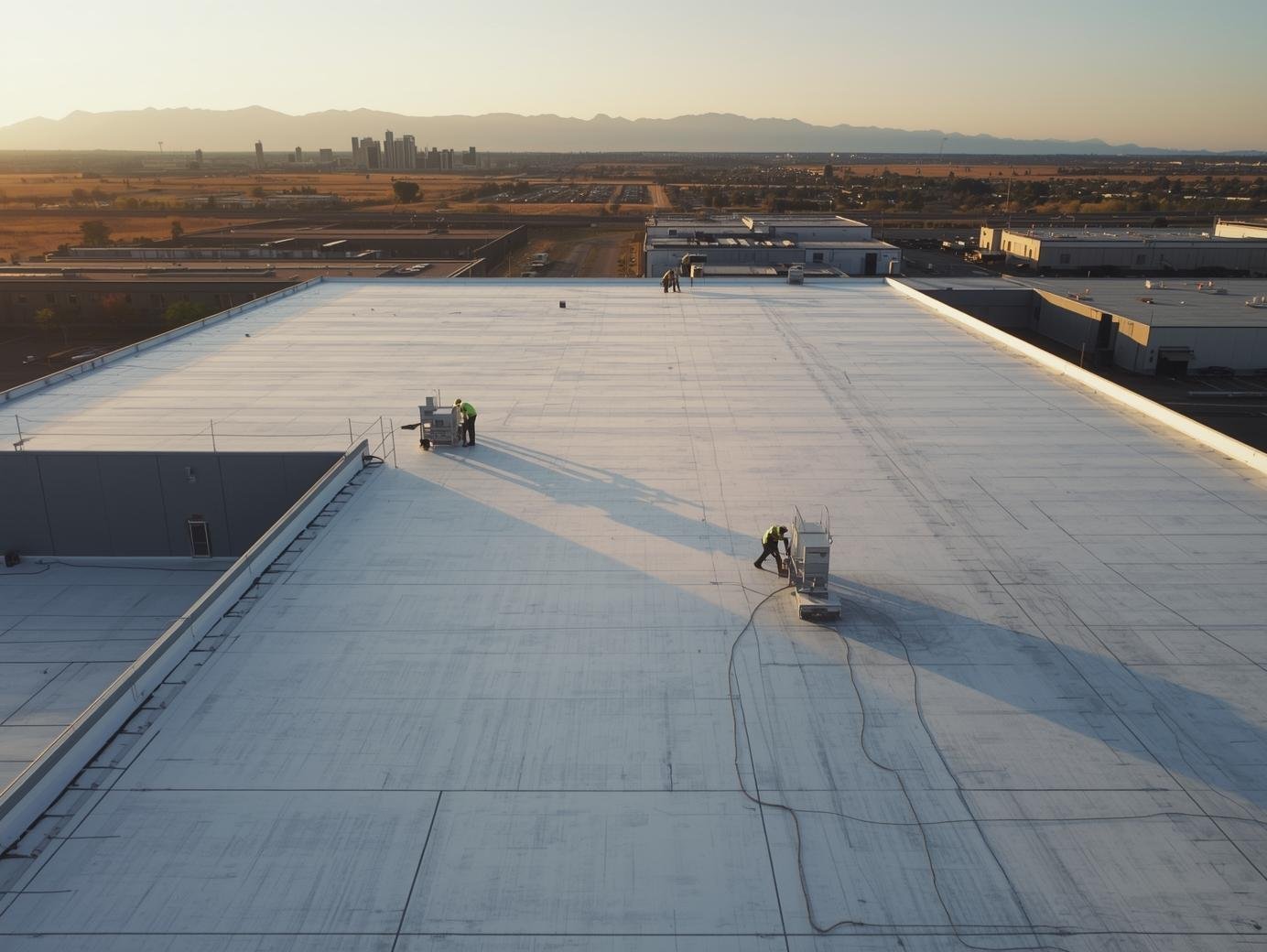 Cinematic aerial view of a large commercial flat roof installation in Denver, Colorado. Roofing contractors working on a clean white TPO membrane roof. Modern industrial building with subtle mountain backdrop. Golden hour lighting, warm but