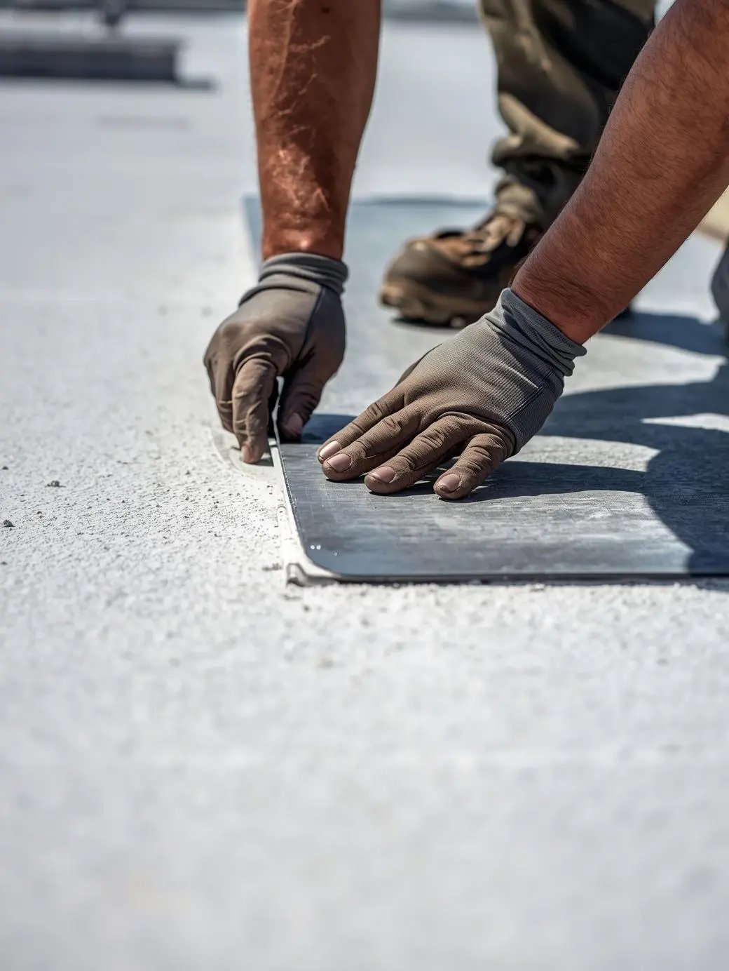Close-up detailed photo of a roofing technician’s hands carefully sealing or smoothing a flat roof membrane seam. White TPO or gray EPDM surface visible, clean installation lines, sharp focus on hands and material texture. Bright dayligh