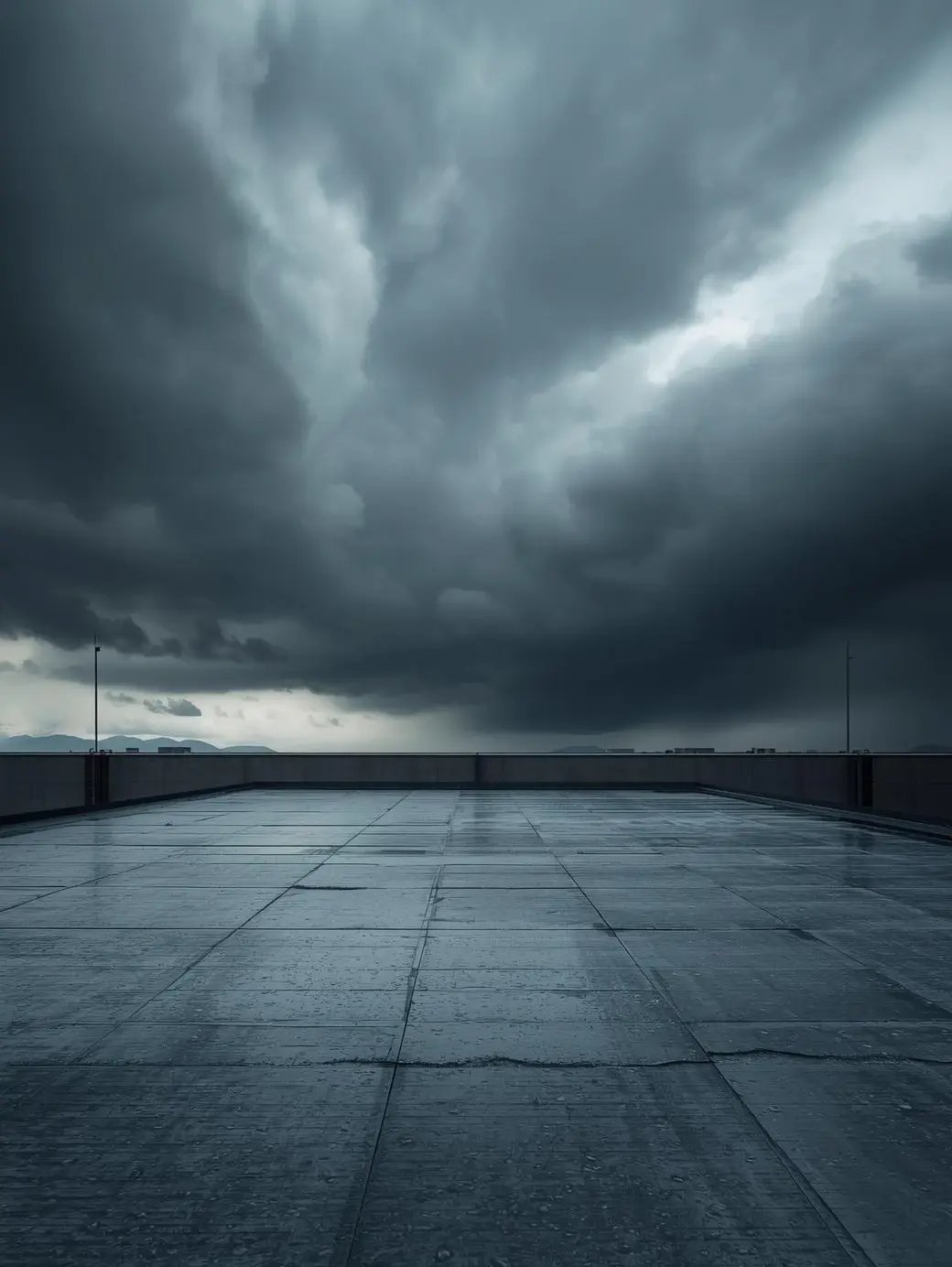 Commercial flat roof on large warehouse building during approaching Colorado storm, dark clouds in distance but building remains secure and intact. Subtle water droplets on membrane surface, no active flooding. Cinematic but realistic styl