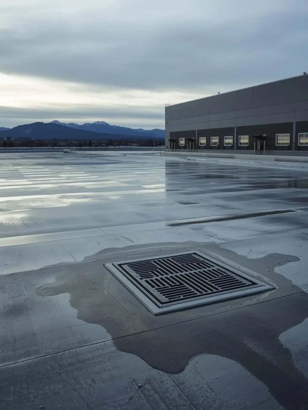 Realistic commercial flat roof in Denver after heavy rain, showing minor ponding water near a drain, large warehouse building in background, subtle overcast sky with Colorado mountains faintly visible in distance. Professional, clean indus