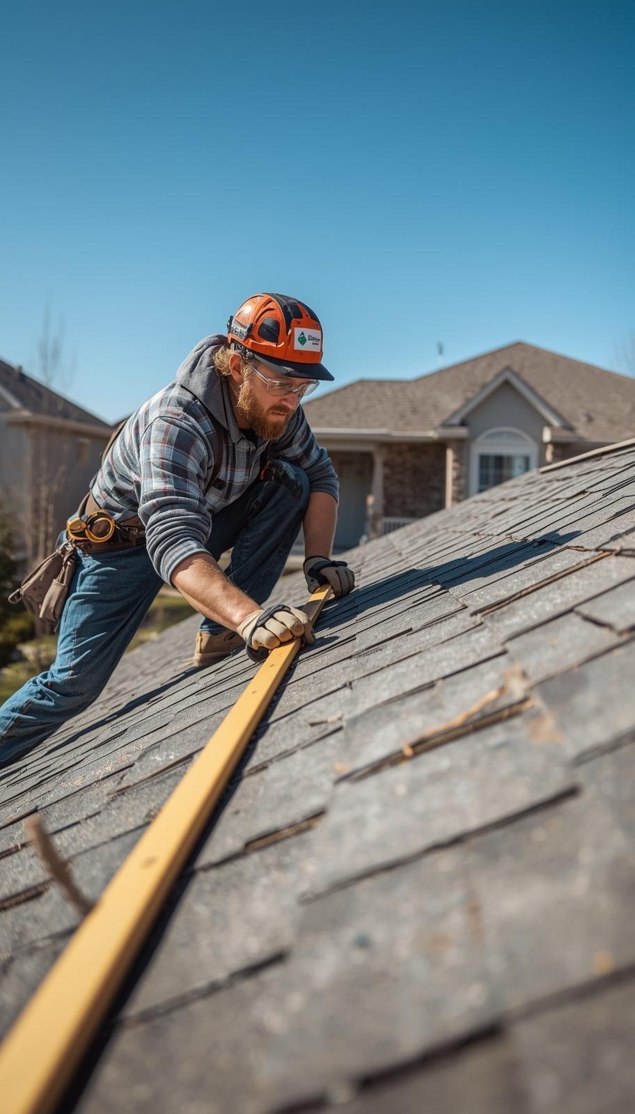 Roofing contractor inspecting roof in Denver Colorado, residential house