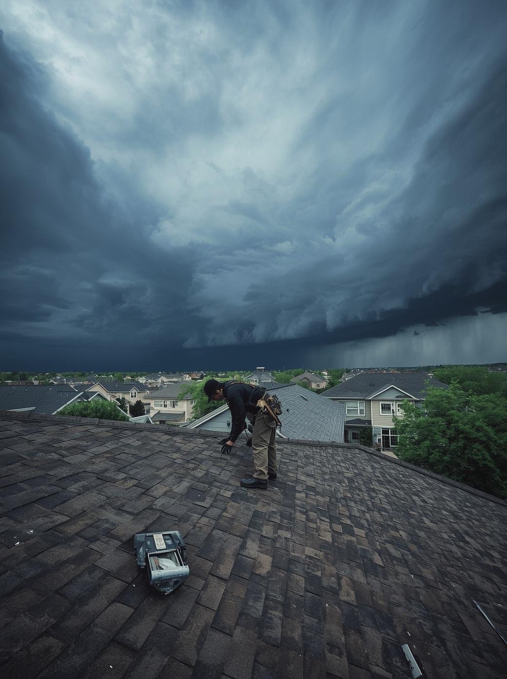 Roofing contractor on roof in Denver Colorado doing roof inspection during hail season, very stormy weather, dark storm clouds, professional roofer examining shingles, residential neighborhood rooftops, dramatic atmospheric conditions (1)