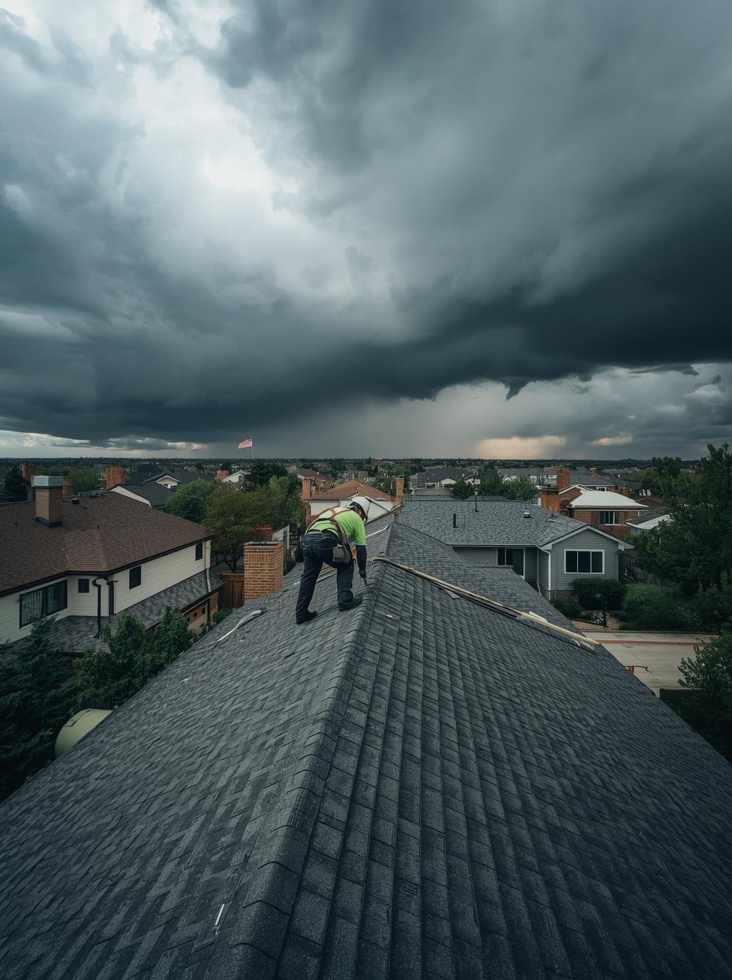 Roofing contractor on roof in Denver Colorado doing roof inspection during hail season, very stormy weather, dark storm clouds, professional roofer examining shingles, residential neighborhood rooftops, dramatic atmospheric conditions