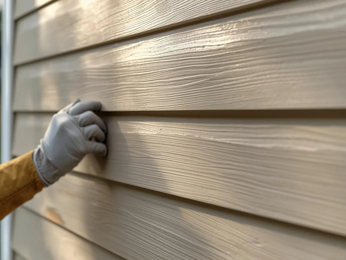 Close-up of a contractor color-matching new vinyl siding panels to existing ones on a home exterior, showing attention to seamless blending and repair detail. real image